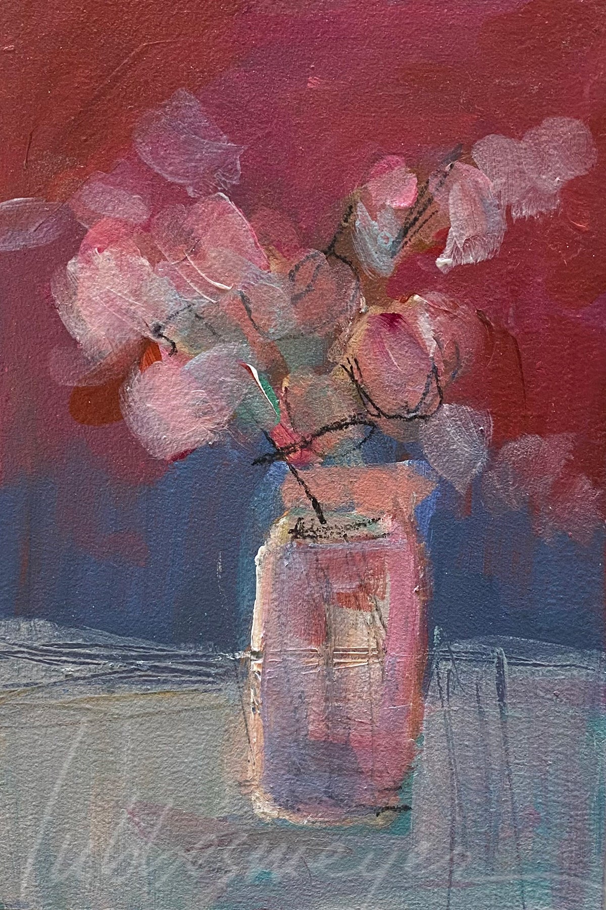 Blossoms with Red Background, 6 x 8 x .25" unframed