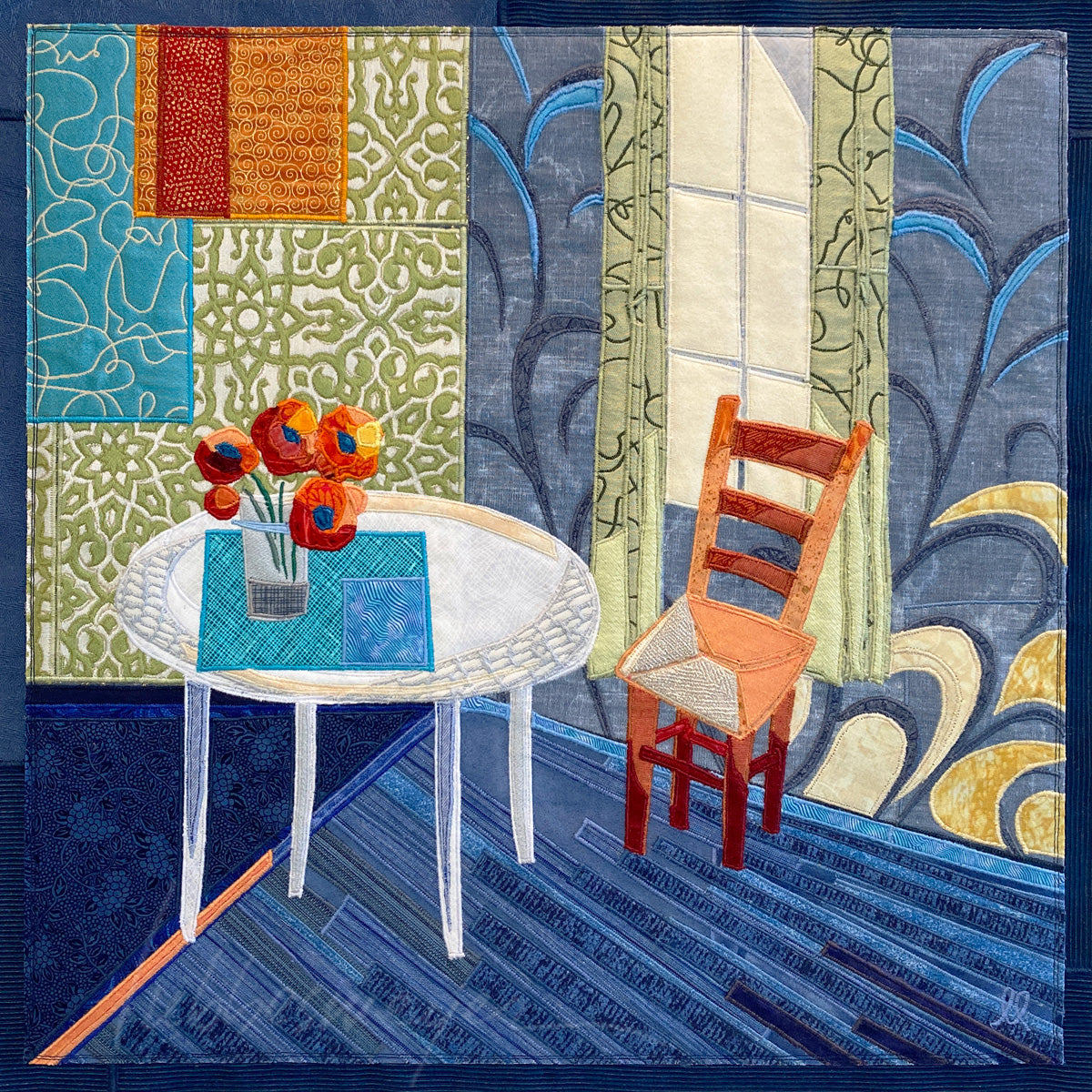 Flowers and Chair, 26.5 x 26.5 x 1.5" framed