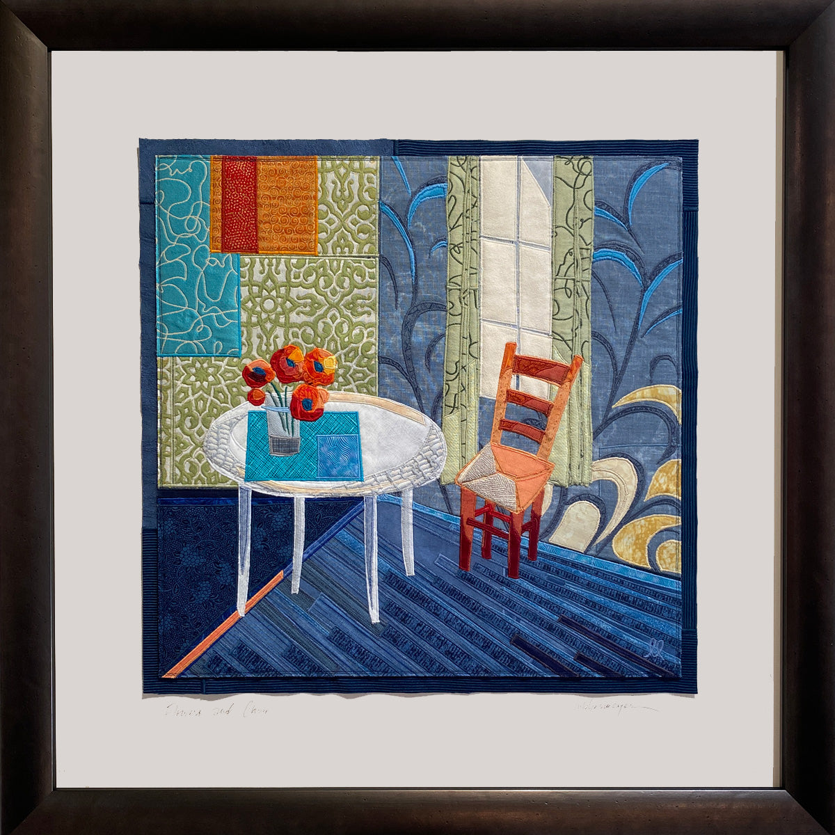 Flowers and Chair, 26.5 x 26.5 x 1.5" framed