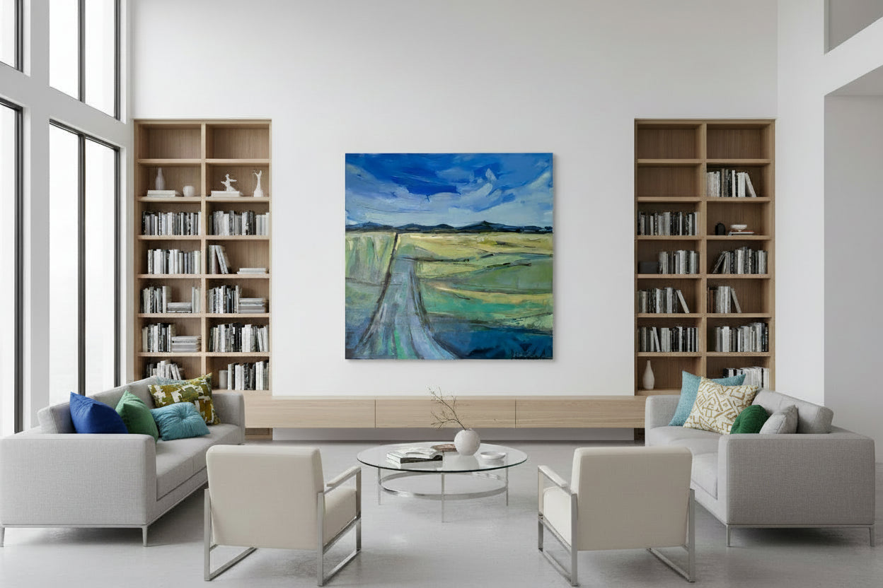 Modern living room with bookshelves, artwork, and furniture.