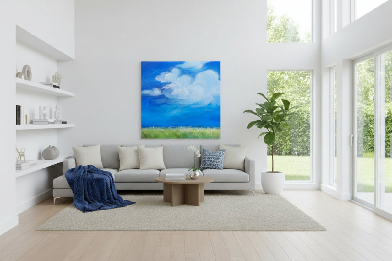 Painting of a blue sky with white clouds and green grass at the base.