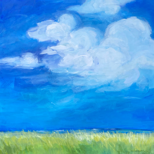 Painting of a blue sky with white clouds and green grass at the base.
