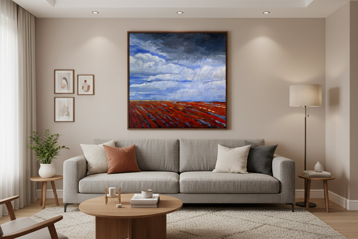Abstract landscape painting with blue and red colors 