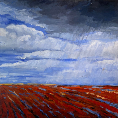 Abstract landscaping painting with blue and red colors 