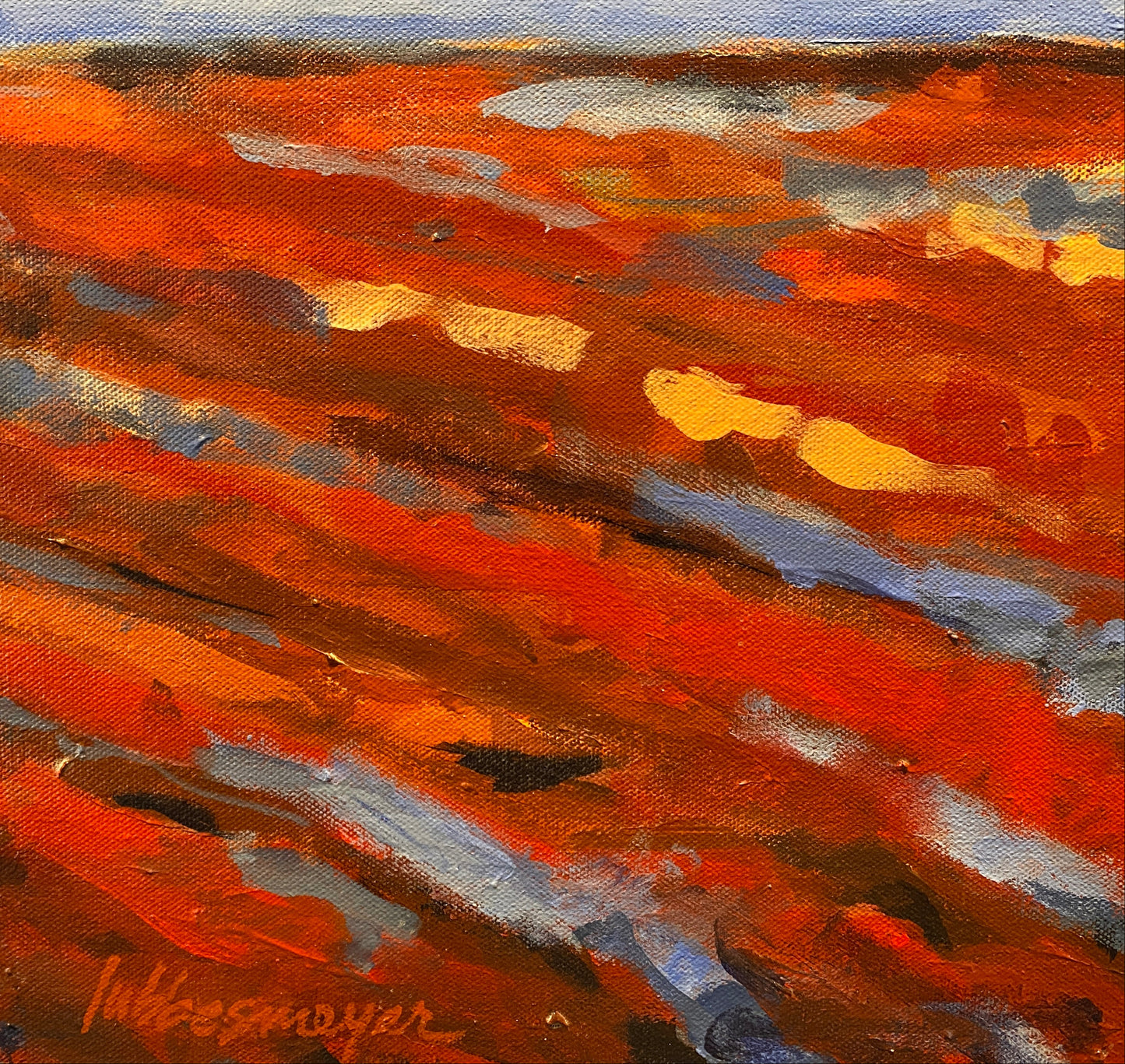 Abstract painting detail with orange, red, and brown hues on a textured surface.