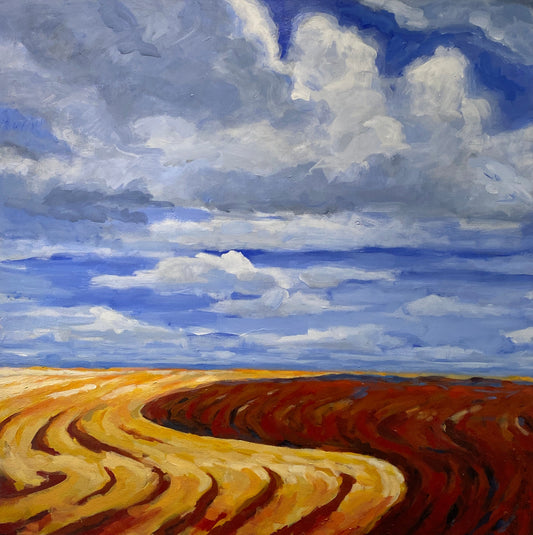 Abstract landscape art painting with blue, red, yellow, white, and brown colors 