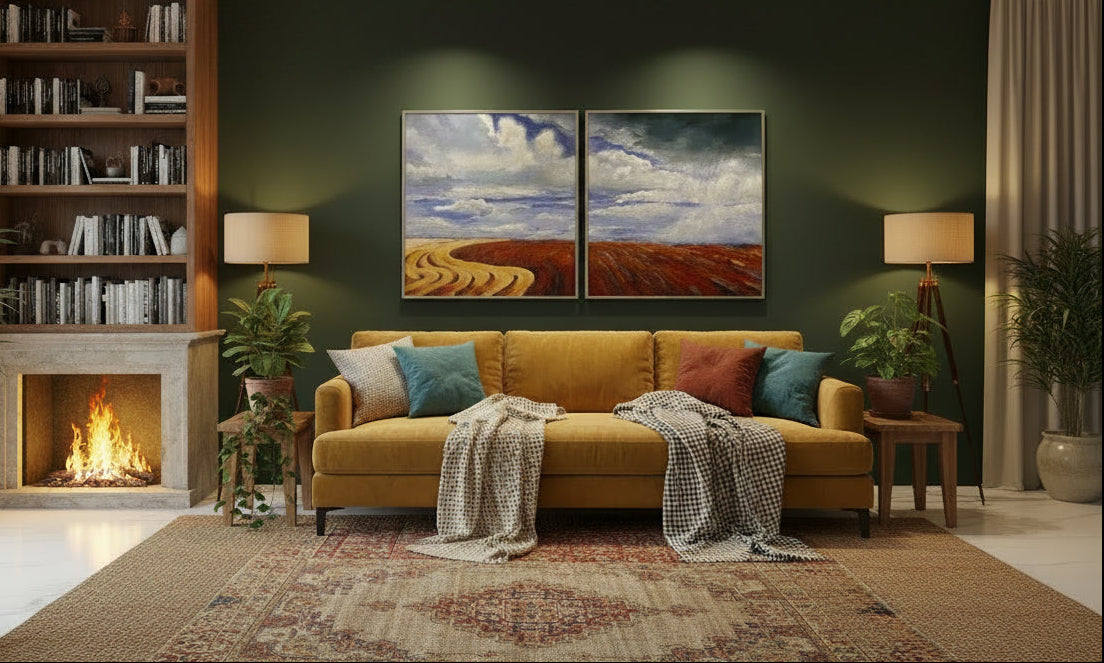 Living room with yellow sofa, bookshelf, and wall art